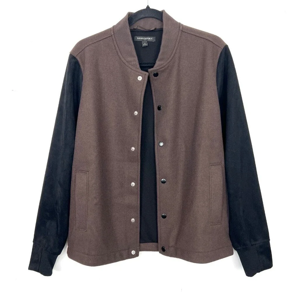 Banana Republic Varsity Jacket Men's Small Brown Black Suede Sleeve Snap zq